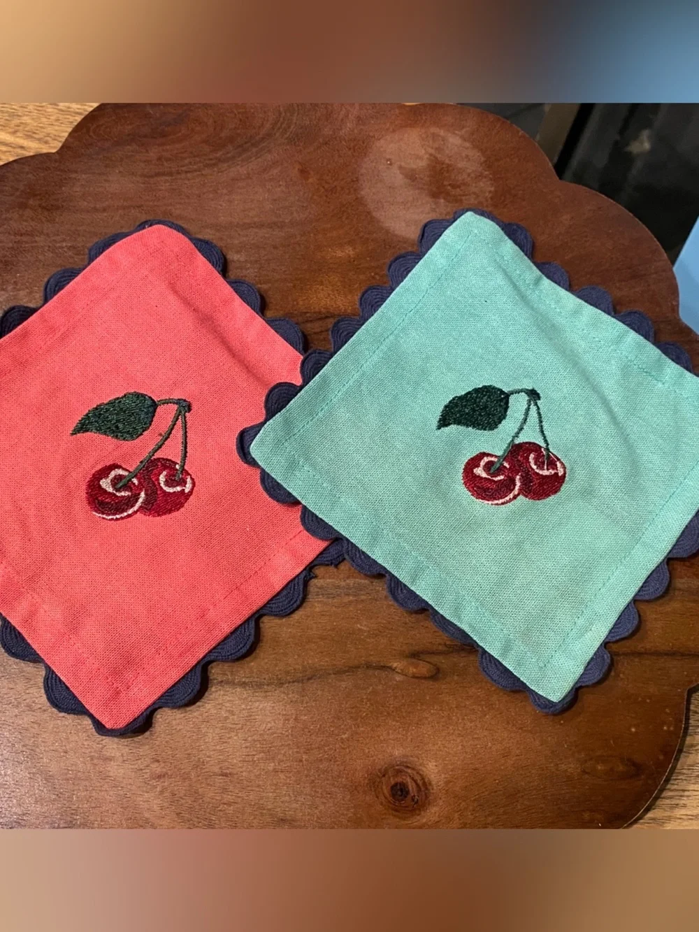Anthropologie Embroidered Cherry Scalloped Linen Coasters Set of 2